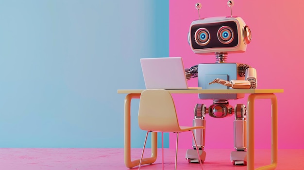 cute robot working on a laptop on a studio background