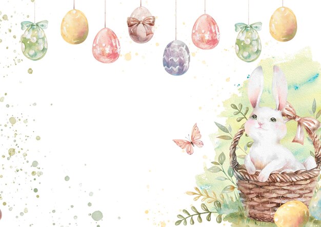 Cute white fluffy bunny in an Easter basket on green lawn with painted eggs watercolor illustration