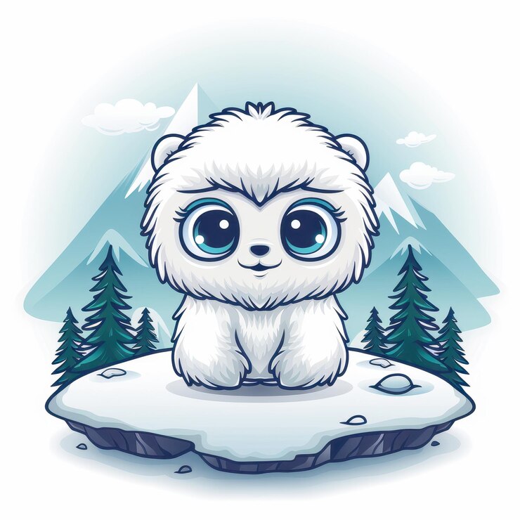 Foto cute yeti cartoon character on snowy mountain