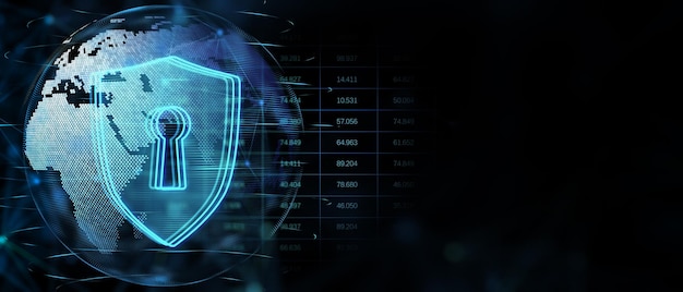 Cyber security and global protection concept with digital keyhole in blue shield on dark technological background with world map globe binary code and blank space 3D rendering mockup