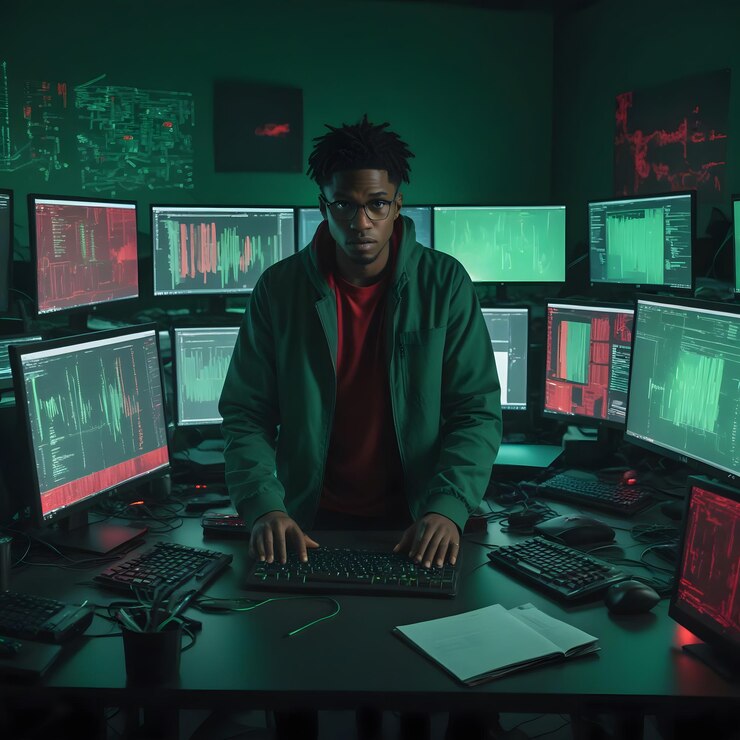 cyber security background man with laptop