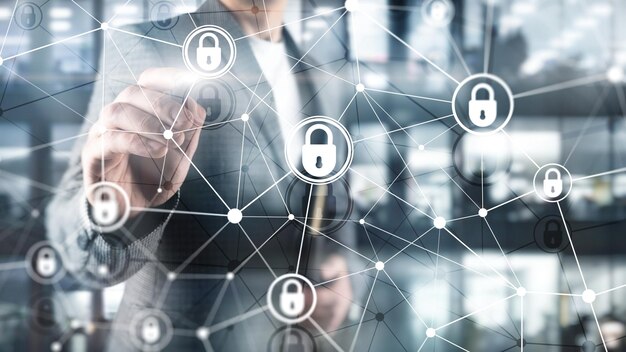 Cyber security information privacy data protection concept on modern server room background Internet and digital technology concept