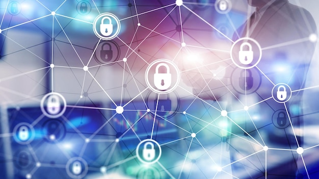 Cyber security information privacy data protection concept on modern server room background Internet and digital technology concept