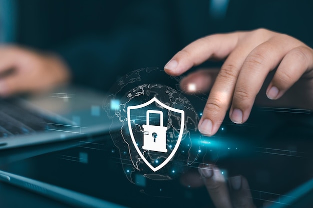 Cybersecurity and privacy concepts to protect data Firewall security Data protection Information safety and encryption Secured access Lock icon and internet network security technology