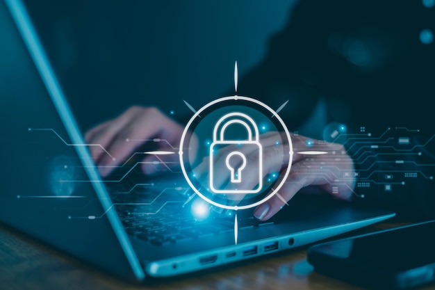 Cybersecurity and privacy concepts to protect data Lock icon and internet network security technology Businessman protecting personal data on smartphone virtual screen interfaces cyber security