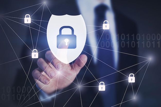 cybersecurity concept cyber security shield button with padlocks on touch screen