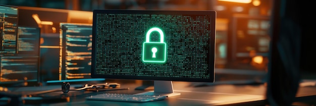 Cybersecurity efforts highlighted by a glowing padlock symbol on a computer monitor in a tech environment with data codes in the background