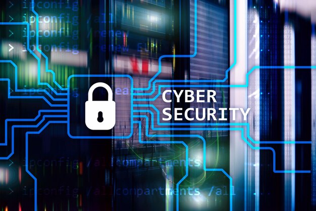 Cybersikkerhet informasjonsvern og databeskyttelse konsept på serverrom bakgrunn