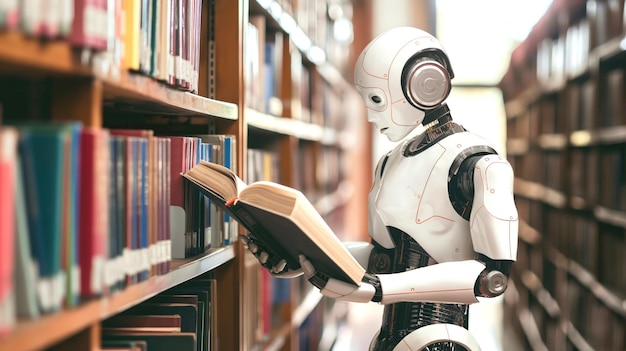 Cyborg in scifi school of future reading a thick book in light premises