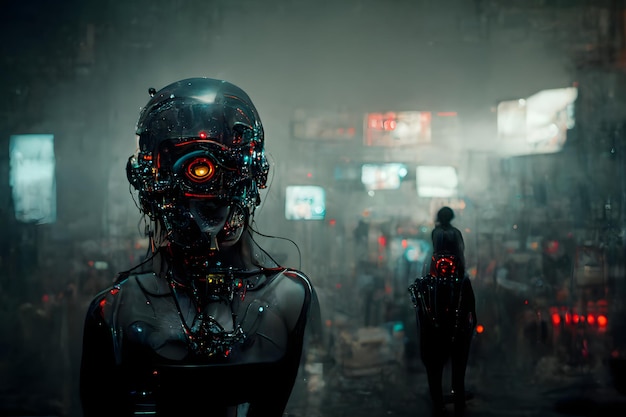 dark cyberpunk heavily augmented woman portrait in hacker hideout room neural network generated art