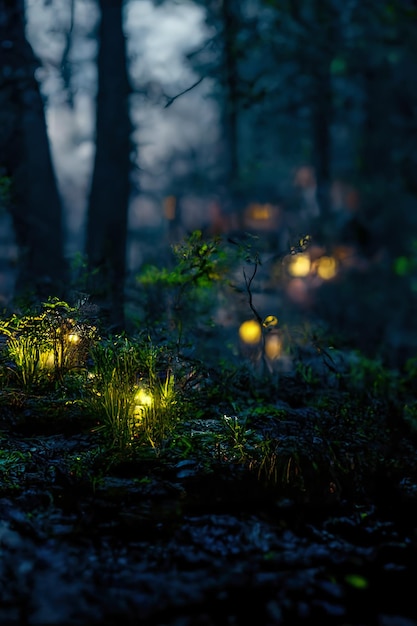Dark fairytale fantasy forest Night forest landscape with magical glows Abstract forest magic fantasy night lights neon 3D illustration