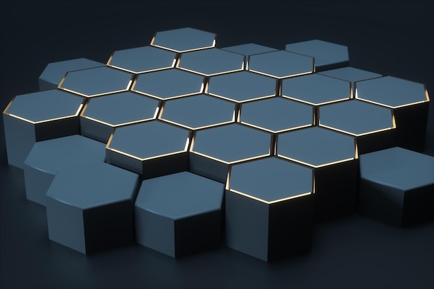 Dark hexagonal platforms connected together background 3d rendering