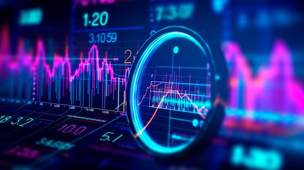 Data analysis search engine optimization or SEO magnifier charts graphs ultraviolet and neon screen Generative AI