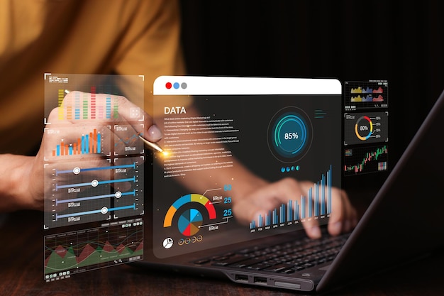 Data analyst working on business analytics dashboard with charts with KPI and metrics connected to the database for technology finance operations sales marketing
