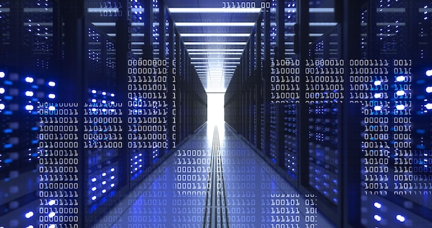 data center computer racks in network security server room cryptocurrency mining