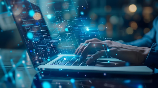 data scientist or programmer working on laptop with blue network background