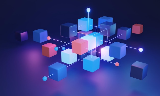 Decentralized blockchain system 3D concept utilizing algorithmic technology and a distributed network for secure data