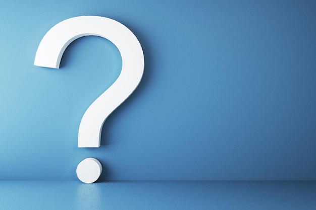 Decision concept with white question sign on blue wall background 3D rendering mockup