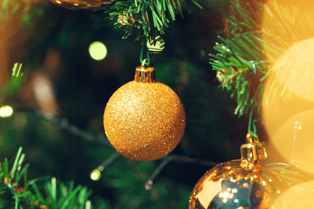 Decorated Christmas tree closeup,