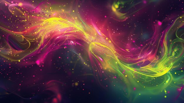 Deep magenta base with swirling neon yellow and green patternsglowing spotsand shimmering textures