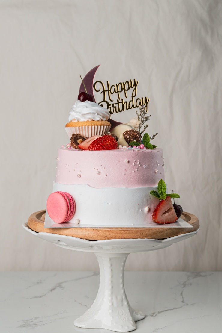 Foto deilig bursdagskake med happy birthday tag på lys bakgrunn