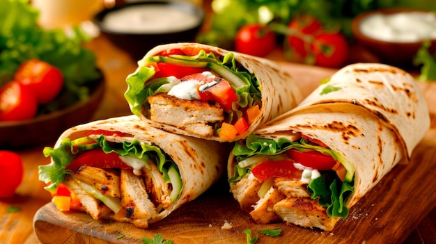 Delicious Grilled Chicken Wraps with Fresh Vegetables and Sauce