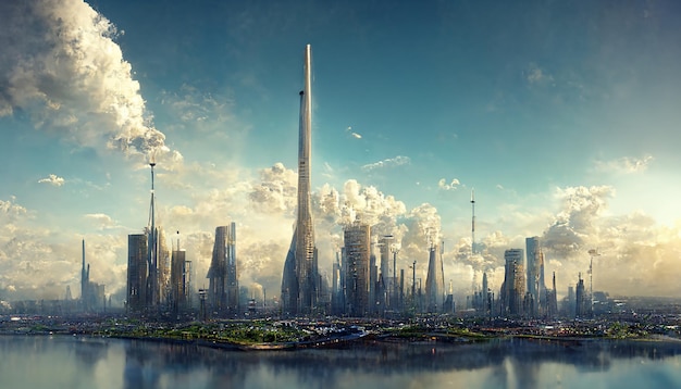 Design of futuristic sky city abstract tower architecture illustation design internet connect of line data transfer