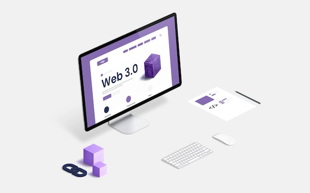 desk with computer display and web 30 presentation in isometric position concept code sketches beside and blocks with a chain
