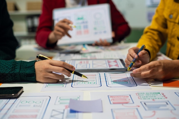 developer and designer brainstorming and color code User experience concept