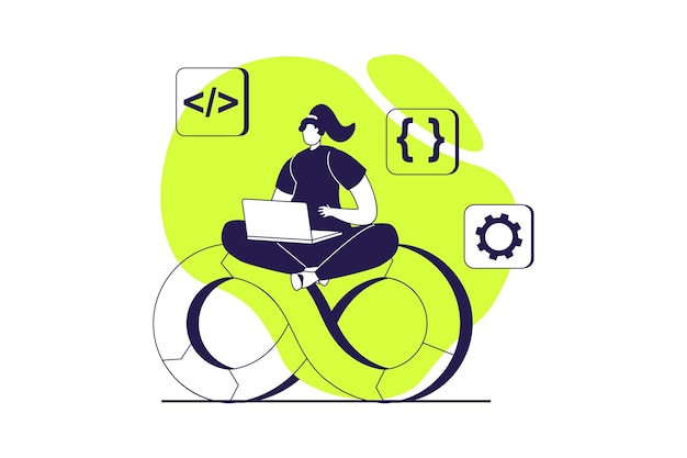 DevOps web concept with flat people for website design Woman working with programming and management system job integration practice with agile cycles in it product engineering Vector illustration