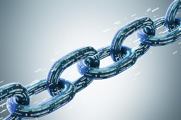 Diagonal chain made of zeros and ones. Cryptocurrency and mining. A bitcoin metaphor. Gray background. 3d rendering mock up