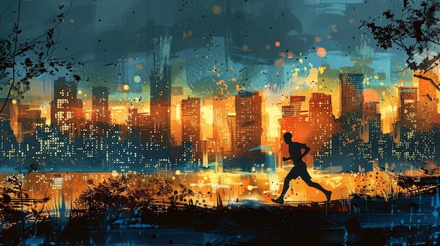 digital art of a silhouette of a runner against an abstract colorful cityscape background reflecting an urban evening run