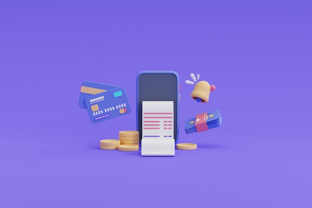 Digital betaling og online cashback-konsept, smarttelefon, myntstabel, kredittkort, regning, penger. 3d-gjengivelse.