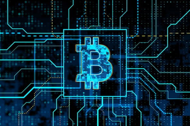 Digital Bitcoin symbol on circuit board background Fintech and cryptocurrency concept 3D Rendering