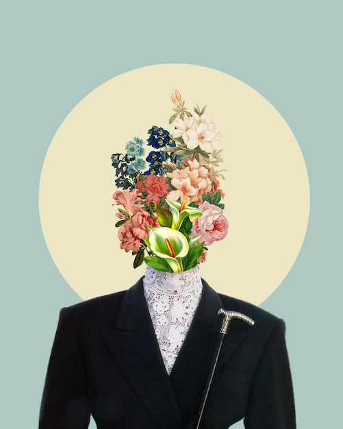 digital collage of a woman wearing a suit with a flower crown on his head