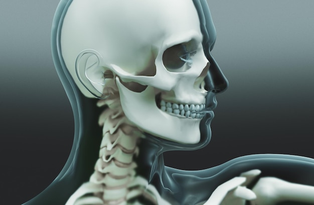 Digital composite image of human skeleton against gray background