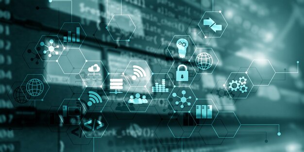 digital concept internet of things information and telecommunication technology double exposure icons and server room background