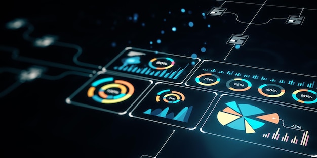 digital dashboard with data visualizations on dark background 3d rendering