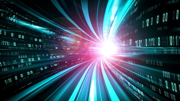 Digital data flow on road in concept of cyber global communication and coding with graphic creating vision of fast speed transfer to show agile digital transformation , disruptive innovation .