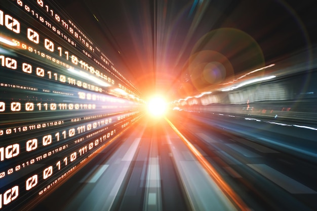 digital data flow on road with motion blur to create vision of fast speed transfer