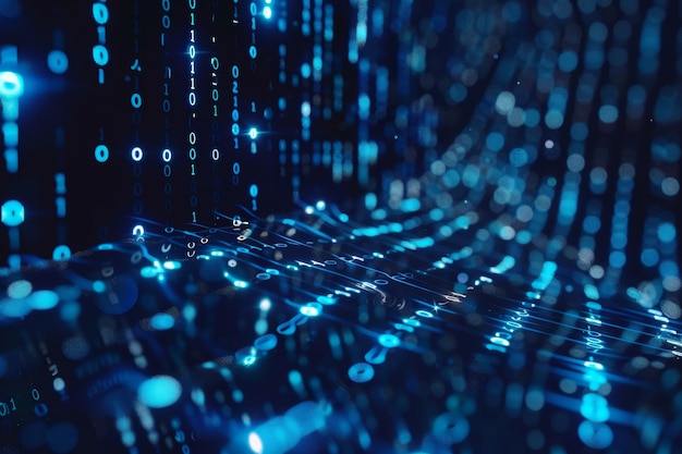 Digital data stream of blue numbers and code flowing in the dark space abstract background for technology or digital information concept with binary number on black screen