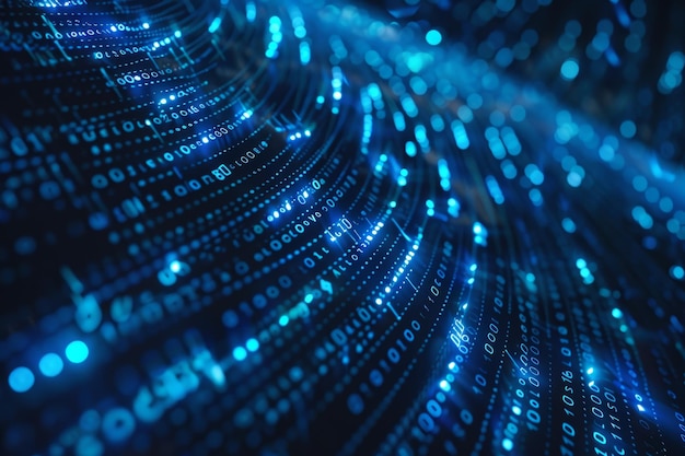 Digital data stream of blue numbers and code flowing in the dark space abstract background for technology or digital information concept with binary number on black screen