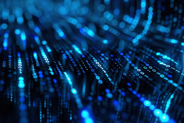Digital data stream of blue numbers and code flowing in the dark space abstract background for technology or digital information concept with binary number on black screen
