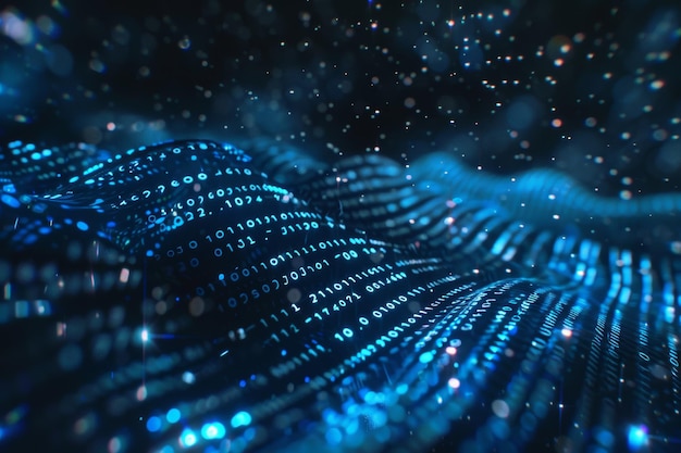 Digital data stream of blue numbers and code flowing in the dark space abstract background for technology or digital information concept with binary number on black screen