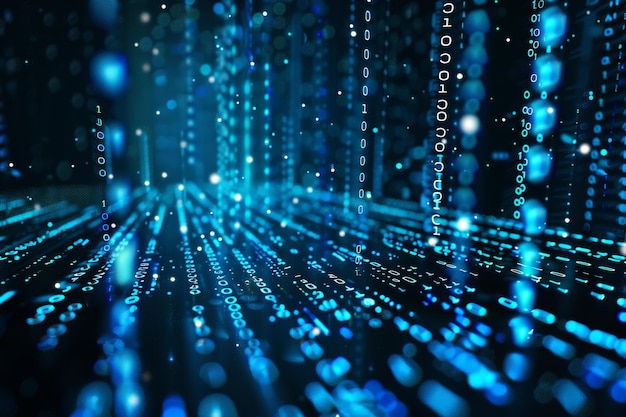 Digital data stream of blue numbers and code flowing in the dark space abstract background for technology or digital information concept with binary number on black screen