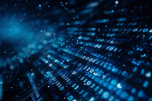Digital data stream of blue numbers and code flowing in the dark space abstract background for technology or digital information concept with binary number on black screen
