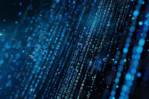 Digital datastrøm av blå tall og kode som flyter i det mørke rommet, abstrakt bakgrunn for teknologi eller digital informasjonskonsept med binærtall på svart skjerm