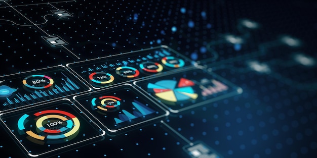 digital interface with financial charts on dark background 3d rendering