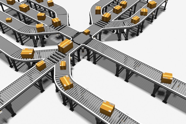 digitally generated image of conveyor belts in factory