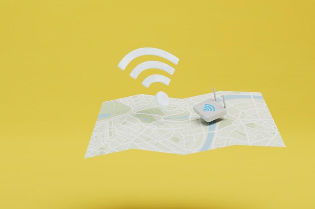 Distribution of WiFi signal a map with a WiFi icon in a certain place and a router